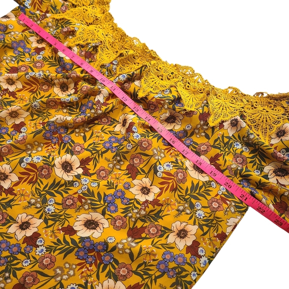 Essue Off Shoulder Floral Blouse Mustard Yellow Crochet Lace XL Boho - Picture 9 of 11